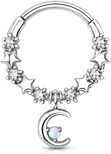 Melighting Septum Rings 16G Moon Septum Jewelry with Opal Clear CZ Surgical Steel 316L Star Helix Earring Dangle Daith Earrings Nose Rings Piercing for Women Men