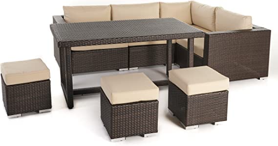Image of DEVOKO Large Outdoor Wicker Sofa Set, HDPE Rattan, Movable Cushion, Sectional Dinning Sofa, for Backyard, Porch, Pool (Dark Brown & Cream)