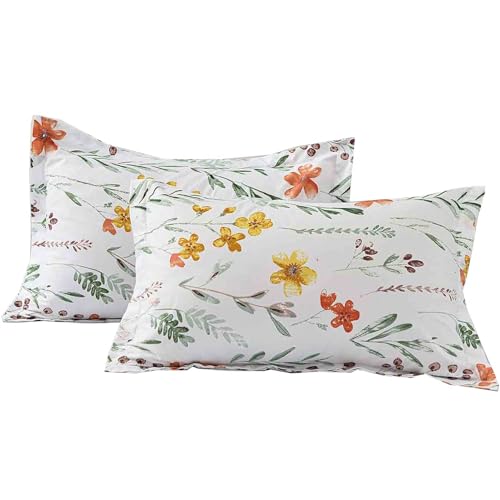 Nanko Floral Pillow Case Set (2 Pack), White Green Yellow Flower Leaf Spring Botanical Pattern Printed Farmhouse Soft Bedroom Decor Pillowcases/Pillow Shams - 20x30 inch Standard Queen Size