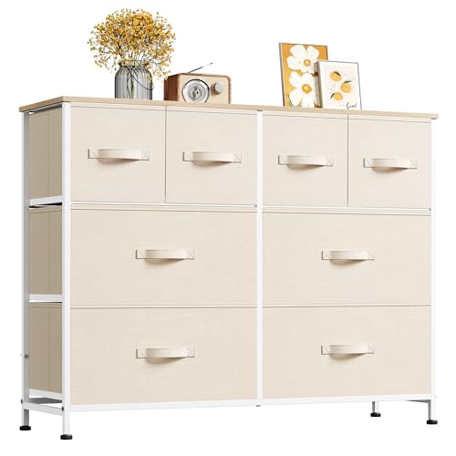 Image of WLIVE Dresser for Bedroom with 8 Drawers, Wide Fabric Dresser for Storage and Organization, Bedroom Dressers, Chest of Drawers for Living Room, Closet, Hallway, Cream White