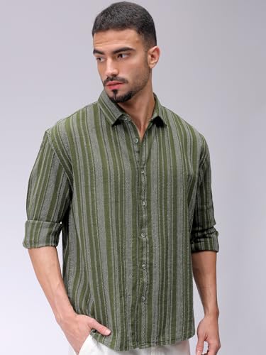 Image of The Indian Garage Co Men Slim Fit Striped Full Sleeves Cutaway Collar Casual Shirt