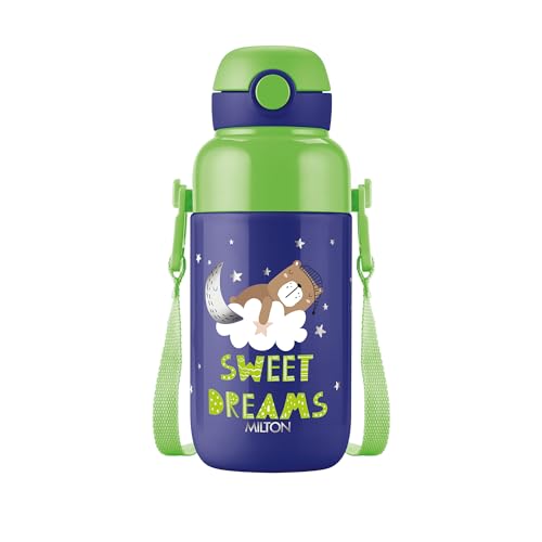 Image of Milton Steel Indus 400 Thermoware PU Insulated, 390 ml Water Bottle with Straw for Kids, Leak Proof Flip Top Sipper Lid Bottle, School, Picnic, Easy to Carry Belt, Dark Blue
