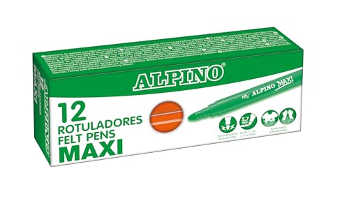 Alpino - Étui de 12 feutres maxi orange | Marqueurs super lavables pour enfants | Super brillants marqueurs scolaires | Pointe épaisse 5,7 mm | Durée et résistance
