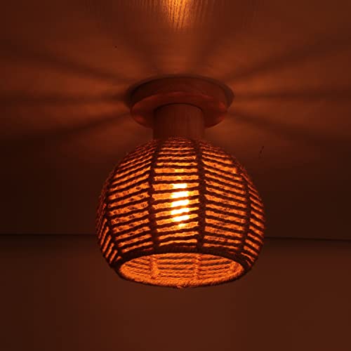 Lámpara de techo ratán retro con madera vintage E27 iluminación interior para loft y pasillo 7