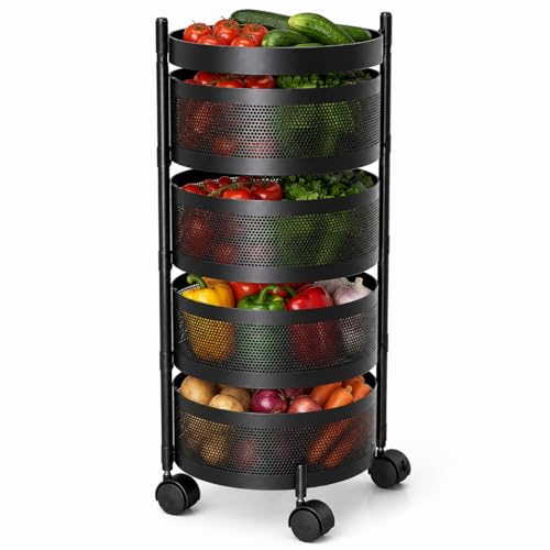 Image of Homeor 4 Layer Kitchen Trolley with Wheels | 360 Rotating Metal Storage Rack for Vegetables, Fruits, Onion & Spices | Square Multipurpose Kitchen Organizer Stand | Metal Kitchen Trolley, Matte Black