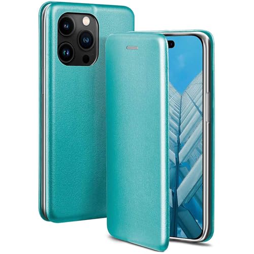 Housse iPhone 15 Pro étui bleu menthe antichoc rabat cuir avec fente carte