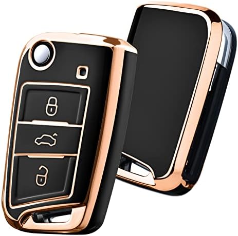 OATSBASF Car Key Cover for VW Golf 7 Key Box/Key Case Cover for VW, Polo, Skoda, Seat, 3 Buttons (Silver Leather)