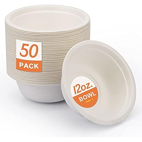50 Pack Disposable Paper Bowls 12oz - Eco-Friendly Sugarcane White Paper Bowl, 100% Compostable and Biodegradable, Perfect Non Plastic Alternative Bowls for Daily Use, Restaurants, Party and BBQ Cover