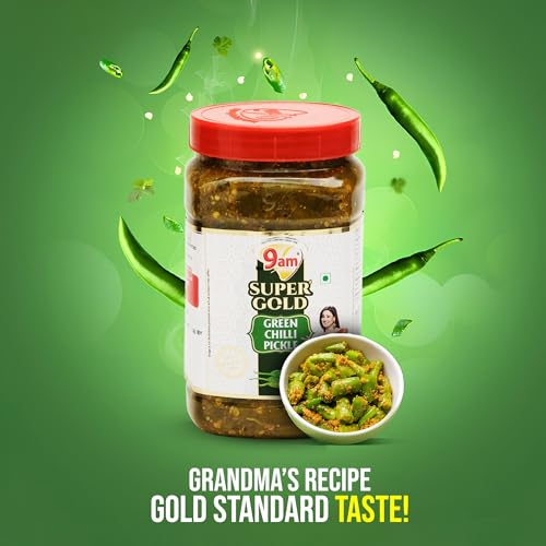 Image of 9AM Super Gold Green Chilli Pickle 900g - Spicy & Flavorful Indian Pickle (Pack of 2)