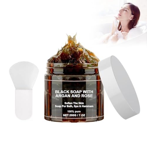 Boxiatil Jabón Negro Marruecos Con Argán Y Rosa, 200 G – Jabón Negro Exfoliante Corporal Beldi Marroquí Para Aclarar La Piel – Exfoliante Corporal De Marruecos Limpiador E Hidratante Profundo
