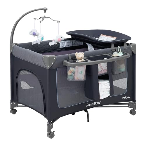 Image of Pamo Babe Magic Fold Baby Playard, 1 Step to Set Portable Crib with Changing Table and Zipper Gate, Easy to Carry
