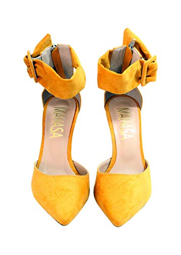 Scarpin Fivela Larga E Zíper Suede Prímula Salto Fino Cor:Amarelo;Tamanho:38;Gênero:Feminino