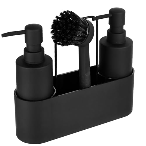 CAUTIOUS Organizador de Cocina con Dispensador, Soporte Fregadero Cocina con Cepillo, 4 en 1 Organizador Fregadero Cocina, Organizador con Soporte para Bayeta, Dispensador de Jabón (Negro