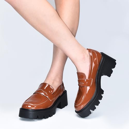 Image of Black Penny Loafers for Women - Women's Slip-On Platform Patent Leather Loafers, Chunky Comfort Shoes for Work & Dressy Occasions