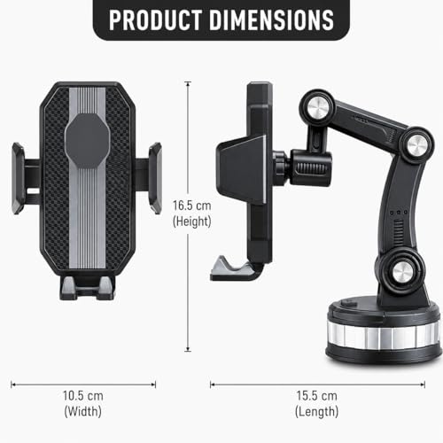 Image of Car Phone Holder Mount for Dashboard, Windshield & Car Window - 360 Adjustable Long Arm Mobile Holder with Strong Suction Base, One-Touch Lock Clamp for Smartphones