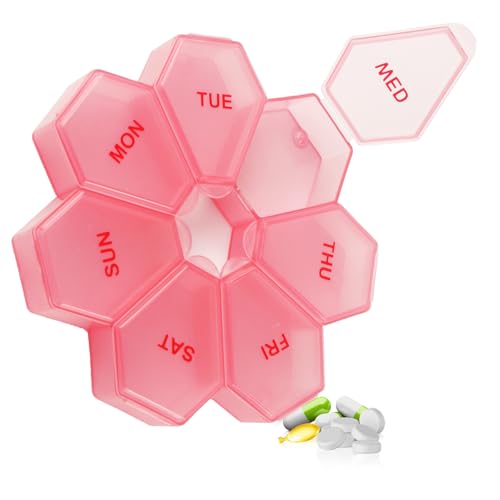 Zuiaso 7-Day Weekly Pill Organizer and Daily Vitamin Case - Pill Box for Medication Management (Pinkish-red)