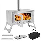Large Portable Wood Burning Tent Stove, Foldable Stainless Steel Camping Stove with Viewing Glass & 5 Chimney Pipes for Outdoor Heating, Cooking, Shelter, and Wilderness Survival