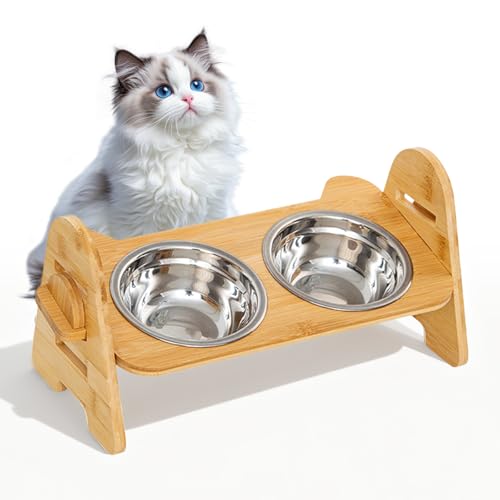 WIYETY Ciotola per cani rialzata a 4 altezze: mangiatoia in legno con 2 ciotole in acciaio inox, per cani di taglia media (6 cm/8,5 cm/10,5 cm/13,5 cm)