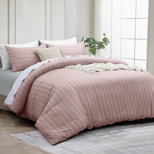 Image of INSPIRE HOMEWARE Double Duvet set - Premium Hotel Quality Reversible Satin Stripes Duvet Cover with 2 Pillowcases, Peach Double Bedding Set - Soft Microfiber Quilt Bedding