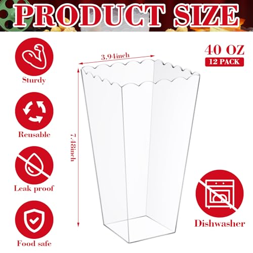 Reallnaive 24 Pack Plastic Popcorn Containers 7.48 x 3.94 Inch Clear Reusable Open-top Scalloped Popcorn Boxes Bucket DIY Snack Bowl for DIY Home Movie Night Wedding, Birthday Carnival Party Supplies by Reallnaive - Image 2
