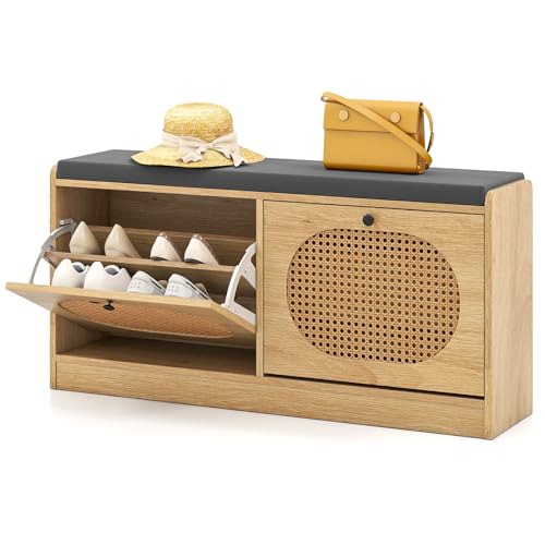 COSTWAY Schuhbank mit 2 Klappen & verstellbaren Regalen, Rattan...