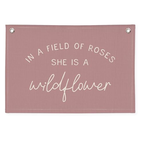 Wheatwin Wildflower Nursery Decor, Girls Room Decor - In a Field Full of Roses She Is a Wildflower Pink Linen Banner Flag for Little Girl Baby Girl