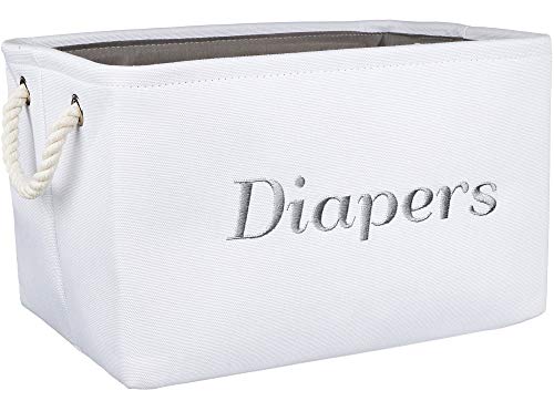 APPLE PIE ORDER Diaper holder, Storage & organizer Basket for Nursery, Baby boy or girl. White Canvas fabric Decorative Bin with Gray Embroidering.