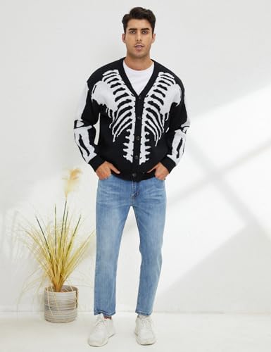 Wyeysyt Men's Skeleton Print Cardigan Sweaters Long Sleeve Oversized V Neck Button Down Outwear Coats4