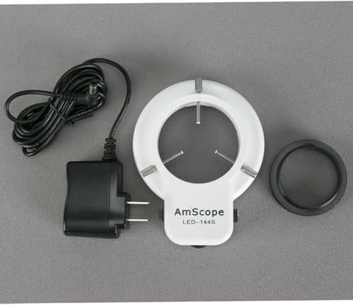 Image of AmScope SM-5BZ-144S Professional Binocular Stereo Zoom Microscope, WH10x Eyepieces, 3.5X-90X Magnification, 0.7X-4.5X Zoom Objective, 144-Bulb LED Ring Light, Ball-Bearing Double-Arm Boom Stand, 110V-240V, Includes 0.5X and 2.0X Barlow Lenses