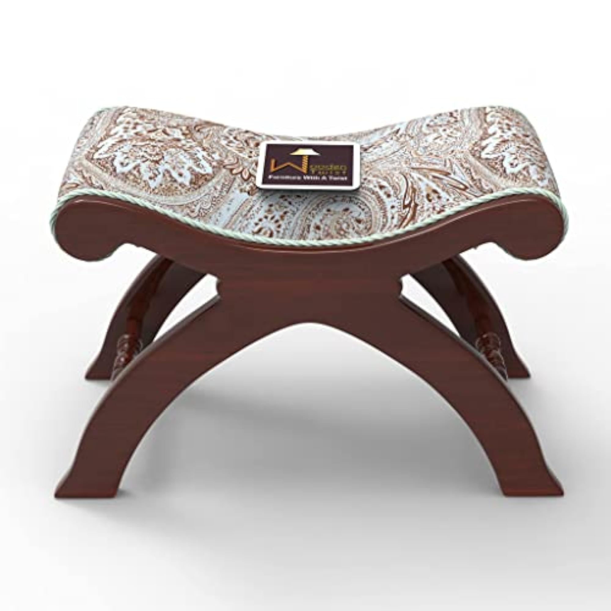 Teak Wood Soft Fabric Cushion Ottoman Stool