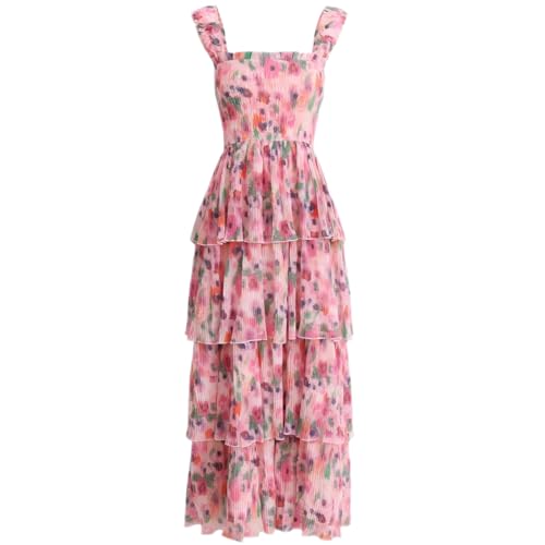 Women's Bohemian Summer Floral Printed Ruffle Pleated Halter Dress Beach Vacation Cute Pink Dresses