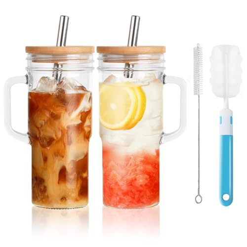 Consejos para Comprar Juego con vasos los preferidos por los clientes. 46 720ml Vasos de Vidrio,Juego de Vasos 2PCS Con Tapa, Pajita de Cristal y Cepillo de Limpieza,Vaso de Cristal Reutilizables para Bebidas Frías, para Café, Té Helado, Cerveza,...