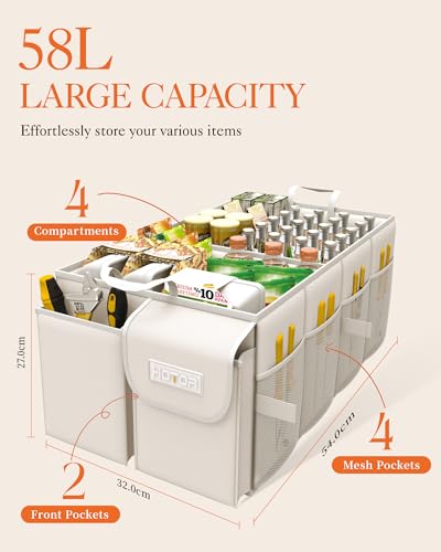 HOTOR Car Boot Oganiser - Large-Capacity Auto Trunk Organizer Collapsible Multi Compartments, Foldable Boot Storage for SUVs, Sturdy Car Accessories for Men Camping Tools, Beige, 54.0 × 32.0 × 27.0 cm