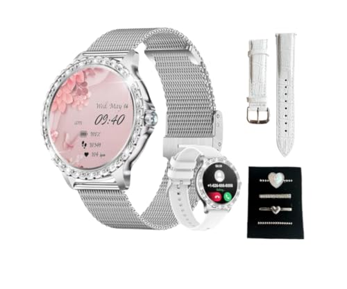 Variic Reloj inteligente para mujer plateado con diamantes. IP67 Fitness Tracker Modos deportivos Smartwatches para Android iPhone iOS 3 correas diferentes 4 dijes como regalo