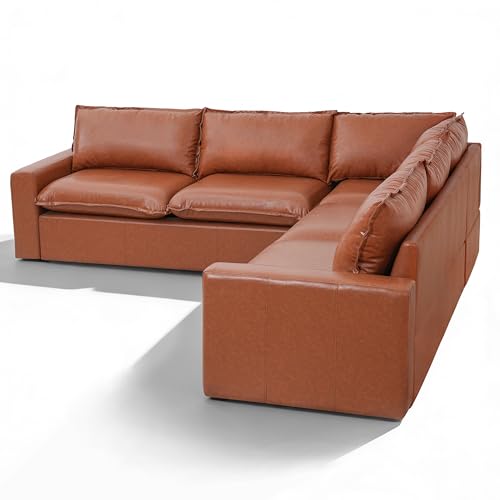 Image of Merax 101.5 inch L Shaped Sectional Leather Couch with Wide Armrests & Deep Seats, Oversized 5-Seater Modern Brown Faux Leather Sofa with Removable Cushion Back for Living Room or Corner Space