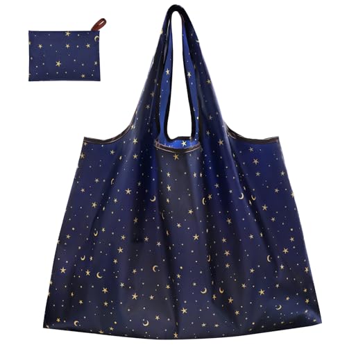 CHEESANHERR Bolsa Compra Plegable, Bolsa Tela Grande, Bolsas Reutilizables Compra, Tote Bag Hombre Mujer, Shopping Bag Supermercado Portátil Lavable, 53 X 66 cm (Estrellas Negras)