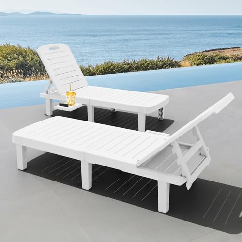 CDCASA Outdoor Chaise Lounge Set of 2, Pool Lounge Chairs w/5 Adjustable Positions & Side Tray, Waterproof Resin Lounges for Poolside,Yard,Garden,Sunbathing, for All Weather, White