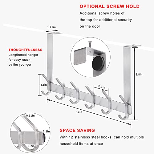 Yumore Over The Door Hooks, Sus304 Stainless Steel Heavy Duty Door Hanger For Coats Robes Hats Clothes Towels, Hanging Towel Rack Organizer, Easy Install Space Saving Bathroom Hooks, Brushed Finish #TOP3