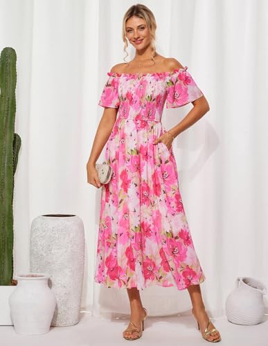 GRACE KARIN Women's 2025 Summer Floral Smocked Off Shoulder Flowy A Line Maxi Dresses Formal Wedding Guest Dress with Pockets2