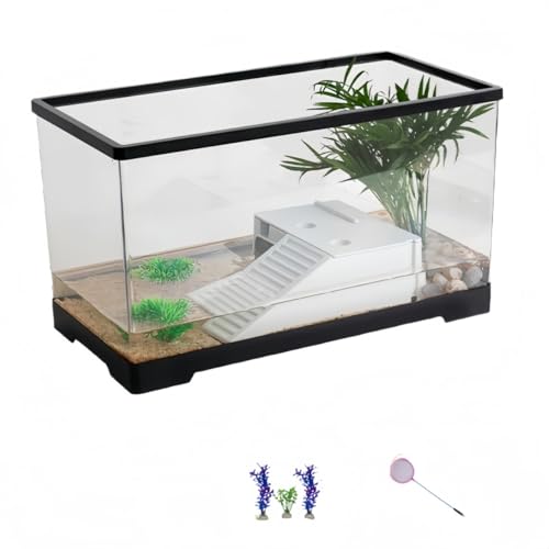 GUIXIAOGUO 水槽 ケージ亀 アクリル水槽 タートルタンク リクガメ 亀 大きい カメ生息地 亀観察飼育用 両生飼育箱 爬虫類繁殖ボックス 透明 3秒で水替え 360度見ている亀水族館生息地です 休憩プラットフォーム 脱出防止 両生類用 (L,パッ