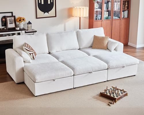 Image of 124.8'' Oversized Modular Sofa Comfy Cloud Couch with Storage, Deep Convertible Sectional Sleeper Sofa Bed for Living Room, Covers Washable, 6-Seater with 3 Ottomans, Chenille, White
