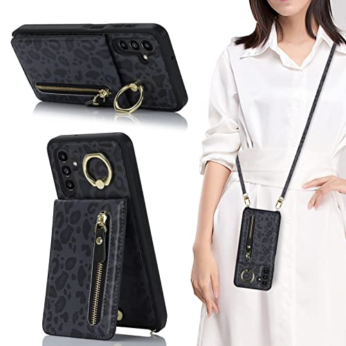 Jaorty Samsung Galaxy A13 5G Phone Case For Women With Card Holder,Samsung A13 Case Wallet Crossbody Lanyard With Strap,Credit Card Slots Kickstand Case With Ring Holder,Black Leopard #TOP1
