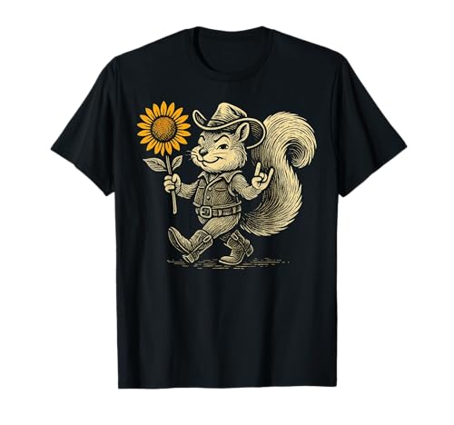 Cowboy Squirrel with Sunflower Retro Western Graphic T-Shirt