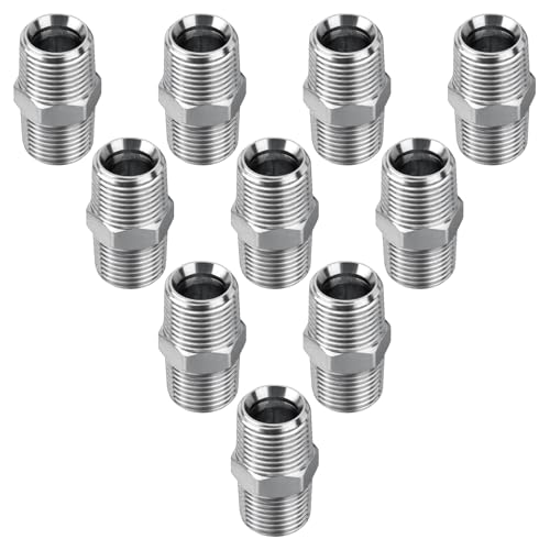 Image of 10 Pack Hydraulic Adapter Fitting: 1 /2 inch NPTF Male x 1 /2 inch NPTF Male | Carbon Steel Hydraulic Hose Crimp Connectors with Protective Cover, Cone Seat Tapered Thread