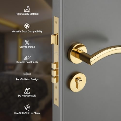 Image of LAPO Mortise Door Lock for Home Main Door & Bedroom with Handle - 50x85mm Body - 3 Brass Keys - Heavy-Duty 70mm Cylinder - Left-Right Fit 30-50mm Door Home Office Hotel | Gold Finish | CMH-5T