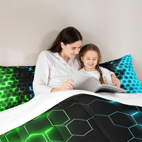 Image of Feelyou Green Blue Honeycomb Bedding Set Fluorescent Geometrics Hexagon Comforter Set Beehive Hexagon Comforter for Boys Girls Geometric Duvet Set Queen Size Quilt 3Pcs Boys