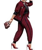 SOMTHRON Women's Houndstooth Print 2 Piece Outfit Zip Up Long Sleeve Jacket Elastic High Waist Long Pants Set Work Suits Tracksuit WR-3XL