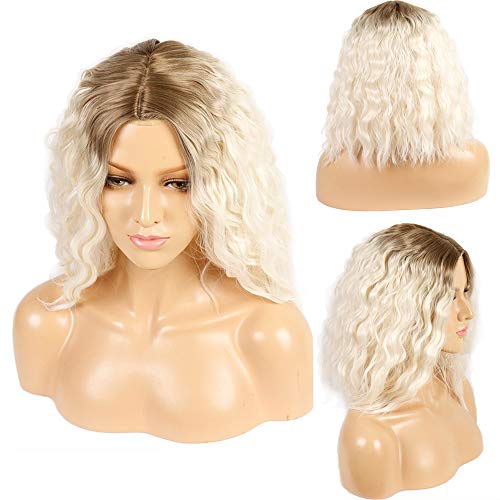 Life Diaries 6inch Part Space Short Bob Silk White Base Top Lace Wig 2Tones Ombre Dark Roots to Blonde Wave Hair Heat Resistant Fiber Middle Parting 14inch For White Women.