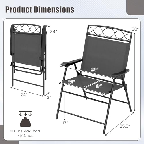 Image of Giantex Set of 4 Patio Folding Chairs, Outdoor Dining Chairs for Camping, Beach, Backyard, Deck, Portable Dining Chair w /Armrest and Metal Frame, Gray
