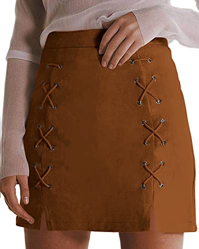 Image of MANGOPOP Mini Faux Suede Skirt for Women High Waist Skirts, Brown, X-Small